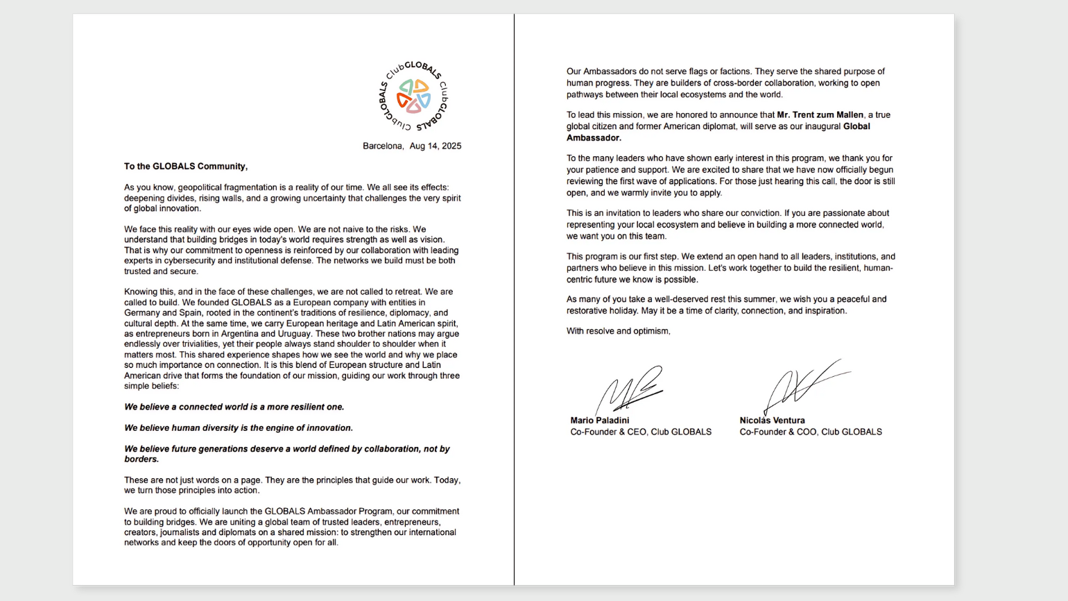 GLOBALS Ambassadors Founders Letter Preview